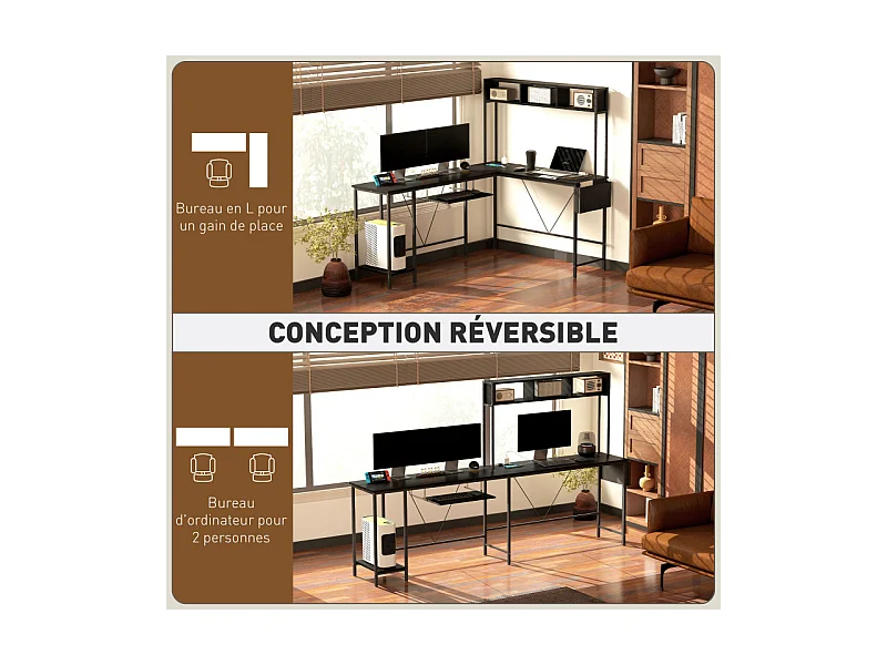 Bureau d'angle réversible design multi-rangement métal effet bois noir