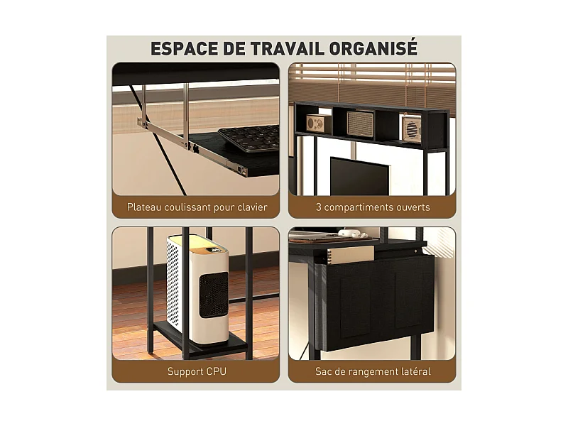 Bureau d'angle réversible design multi-rangement métal effet bois noir