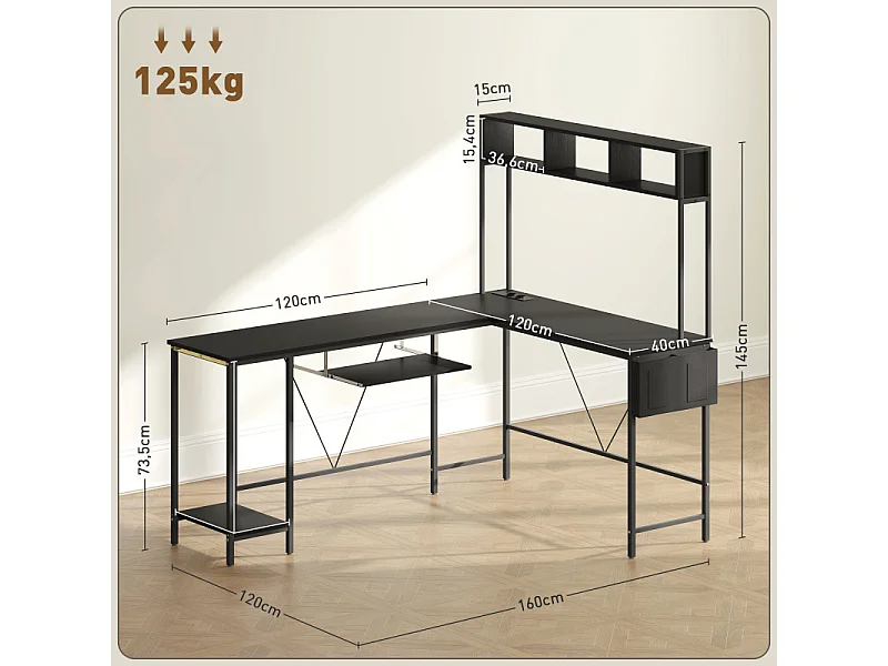 Bureau d'angle réversible design multi-rangement métal effet bois noir