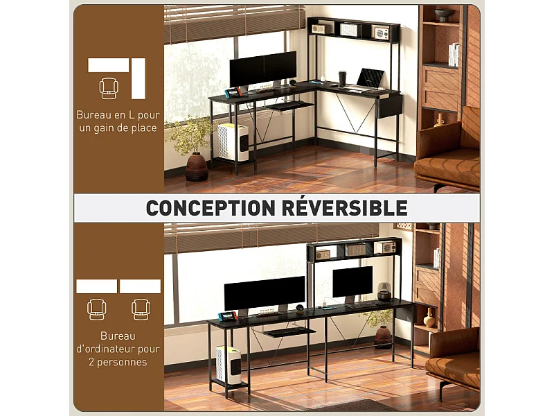 Bureau d'angle réversible design multi-rangement métal effet bois noir