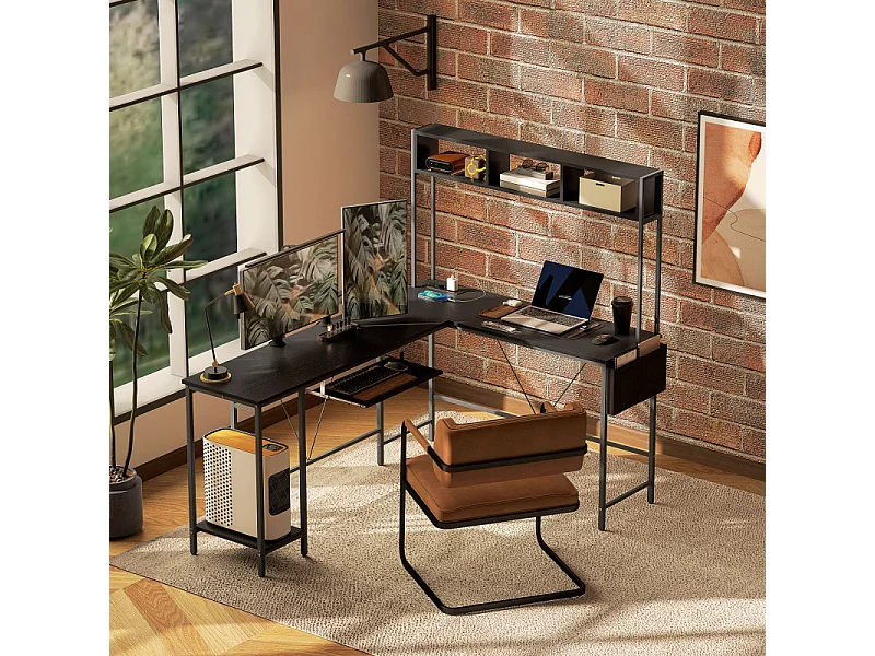 Bureau d'angle réversible design multi-rangement métal effet bois noir