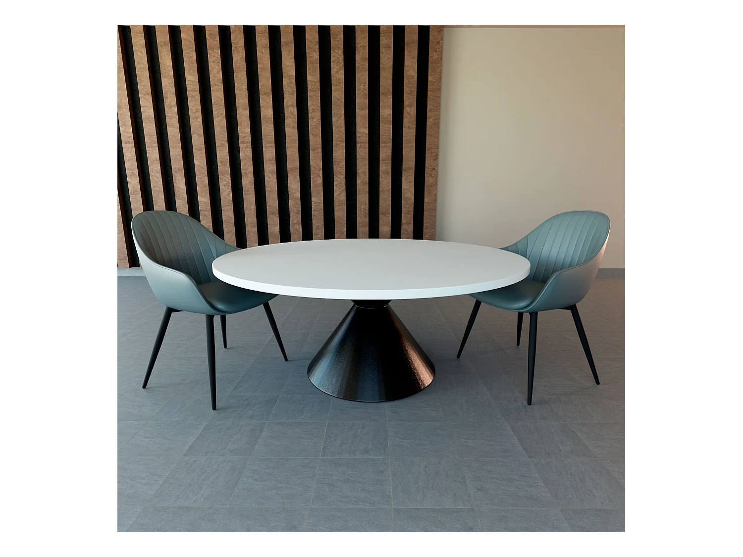 Graal Black - Table ronde Ø120 cm Base double cône en métal noir et plateau en bois stratifié blanc