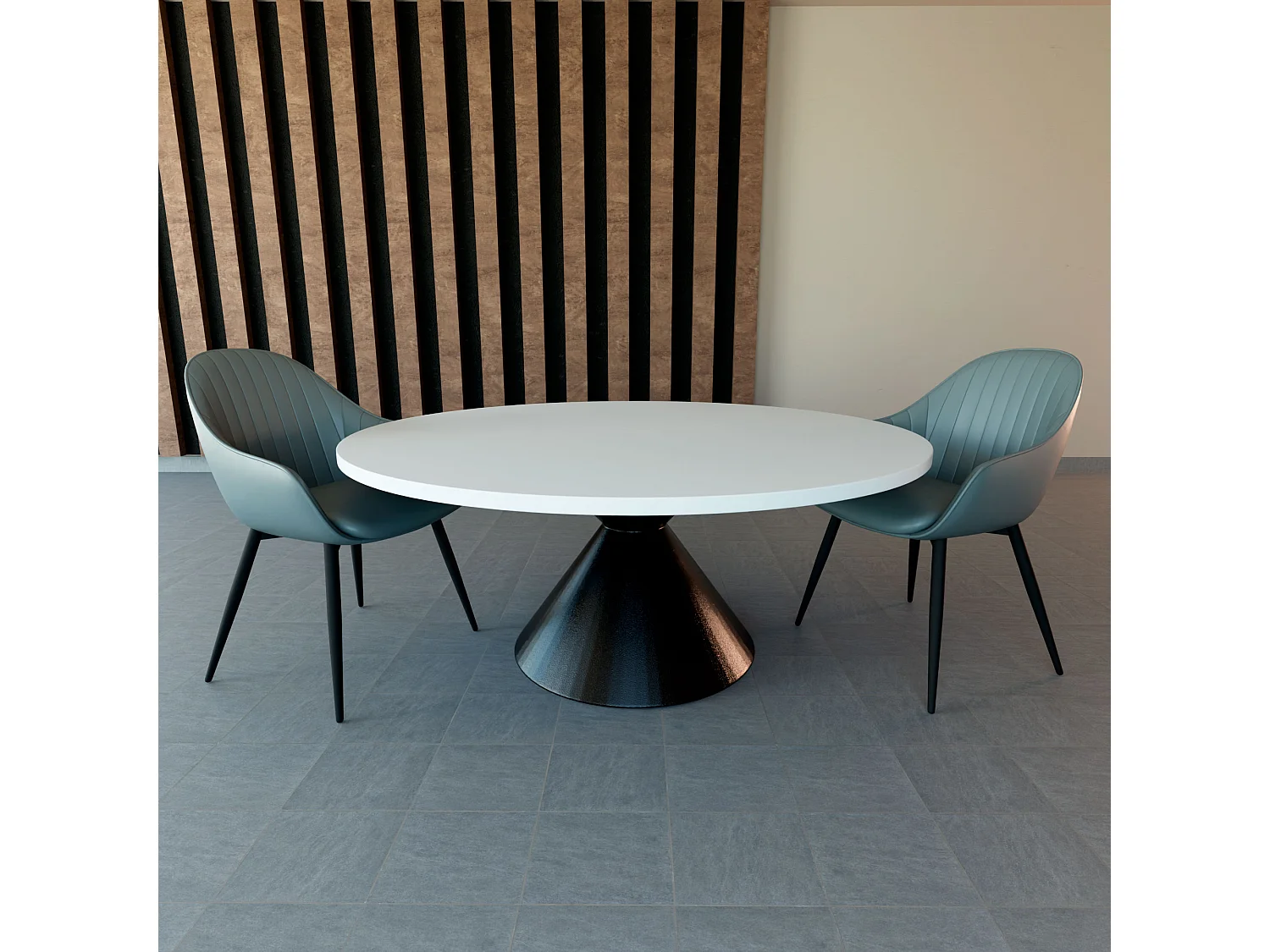 Graal Black - Mesa Redonda Ø120 cm Base Metálica Duplo Cone Preto e Tampo em Madeira Laminada Branca