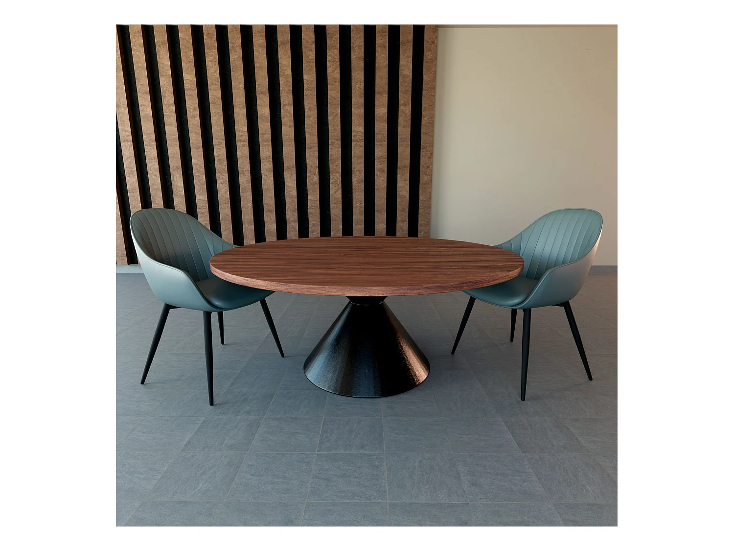 Graal Black - Mesa Redonda Ø120 cm Base Metálica Duplo Cone Preto e Tampo em Madeira Laminada Ebony