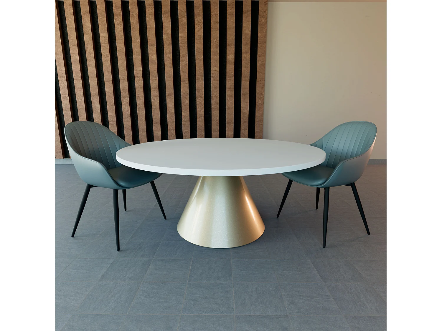 Artù Brass - Mesa de jantar redonda ⌀ 120 cm de madeira laminada com base de cone de metal-Branco