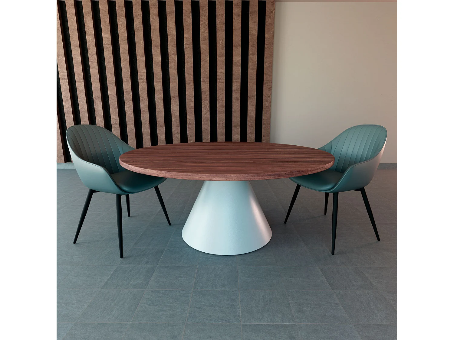 Artù White - Mesa de jantar redonda ⌀ 120 cm de madeira laminada com base de cone de metal-Castanho