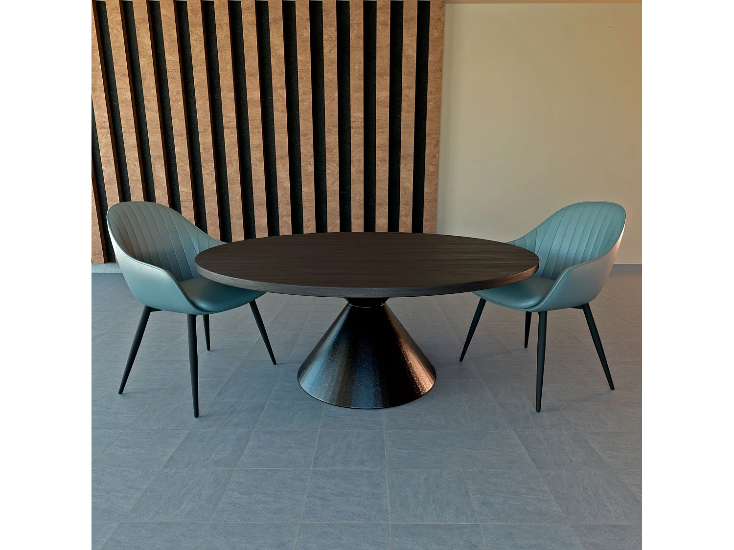 Graal Black - Mesa Redonda Ø120 cm Base Metálica em Cone Duplo e Tampo em Madeira Laminada Preta