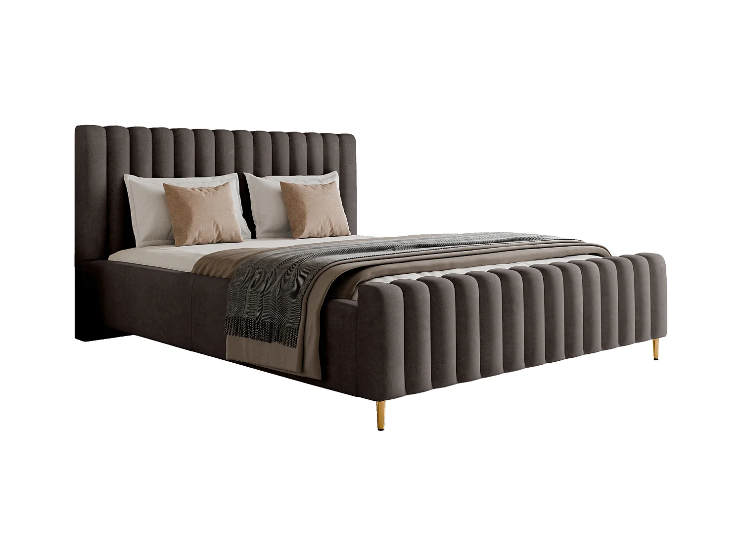 Lit rembourré Lux anthracite 140x200 cm, coffre, tête de lit, sommier, pieds dorés, tissu Amon