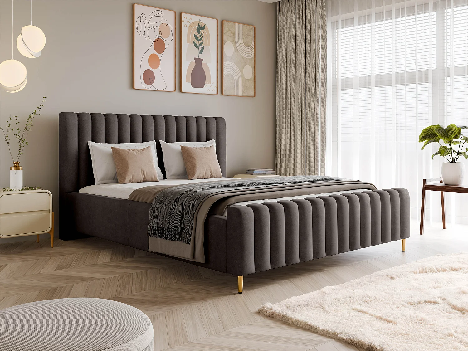 Lit rembourré Lux anthracite 140x200 cm, coffre, tête de lit, sommier, pieds dorés, tissu Amon