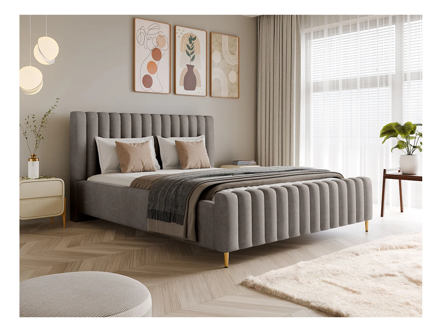 Lit rembourré Lux gris 180x200 cm, coffre, tête de lit, sommier, pieds dorés, tissu Amon