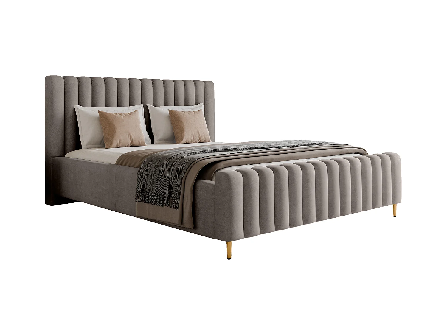 Lit rembourré Lux gris 180x200 cm, coffre, tête de lit, sommier, pieds dorés, tissu Amon