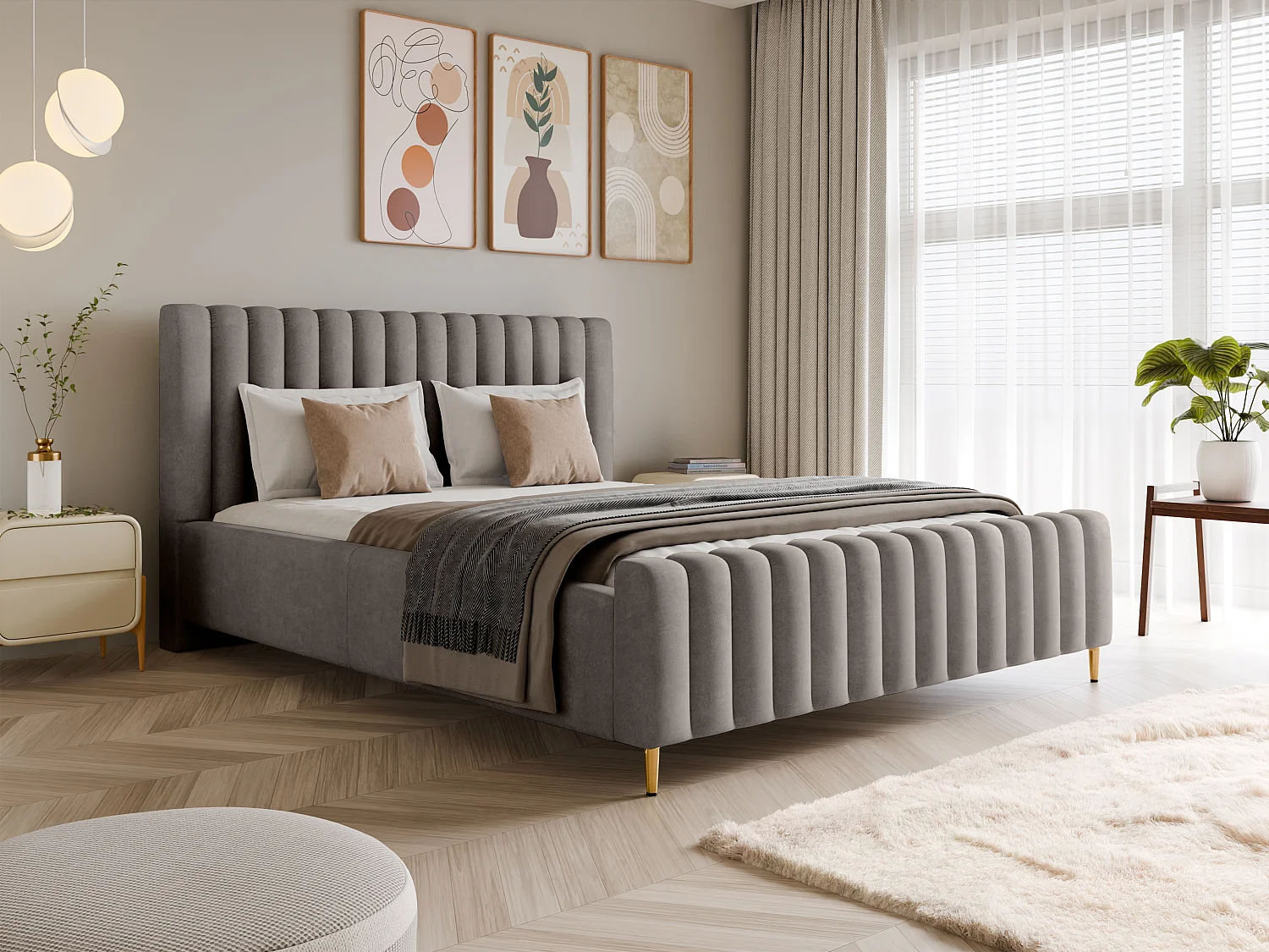 Lit rembourré Lux gris 180x200 cm, coffre, tête de lit, sommier, pieds dorés, tissu Amon