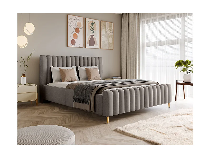 Luxe gestoffeerd bed Lux Grijs 160x200 cm met opbergruimte, hoofdbord, lattenbodem, gouden poten