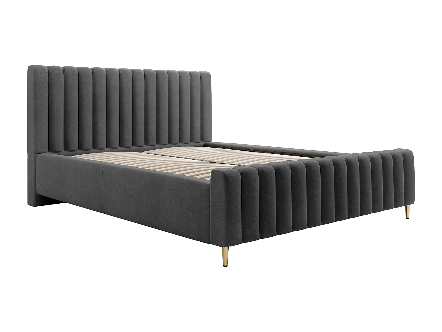 Luxe gestoffeerd bed Lux Grijs 160x200 cm met opbergruimte, hoofdbord, lattenbodem, gouden poten