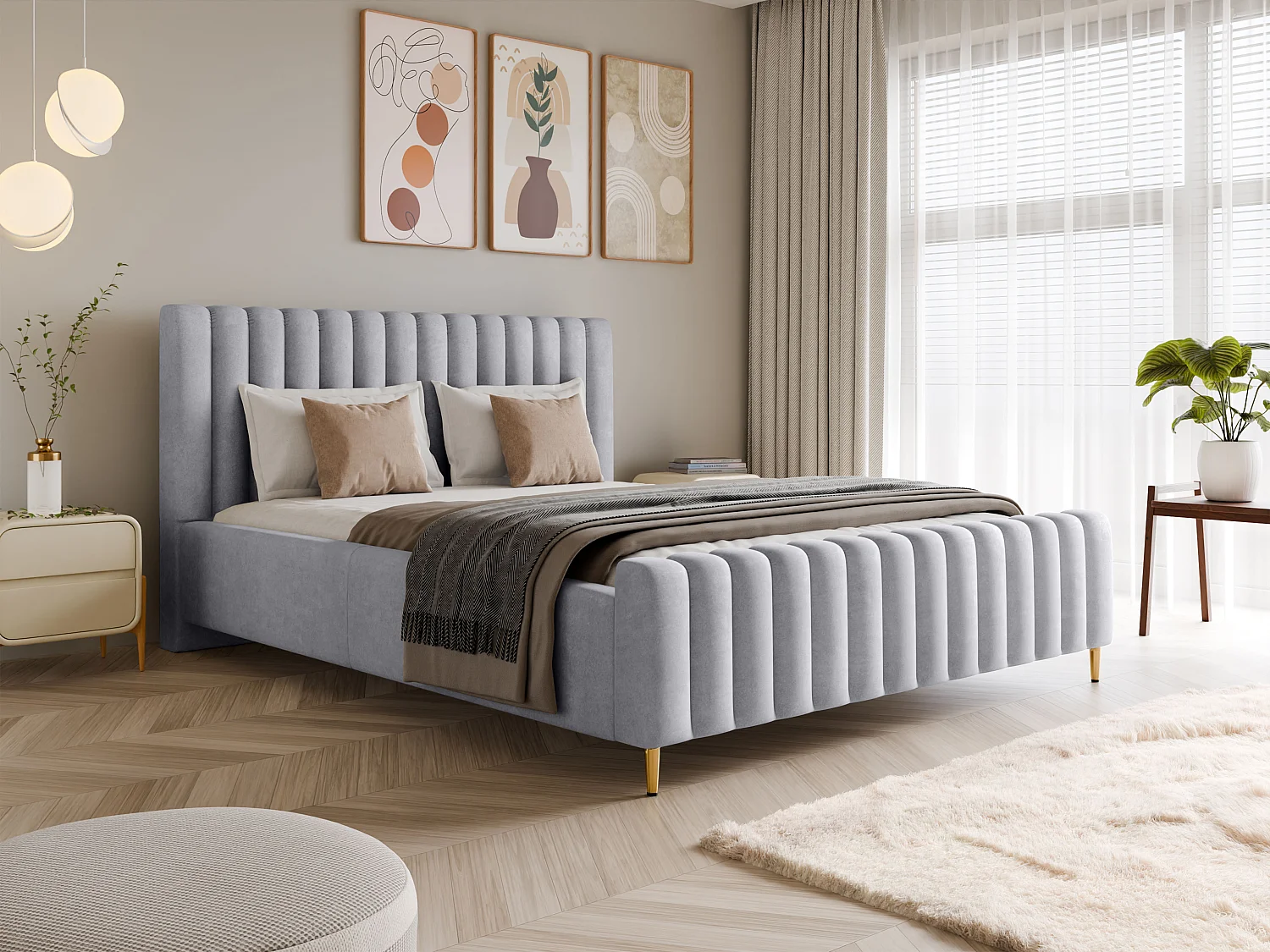 Lit rembourré Lux argenté 160x200 cm, coffre, tête de lit, sommier, pieds dorés, tissu Amon