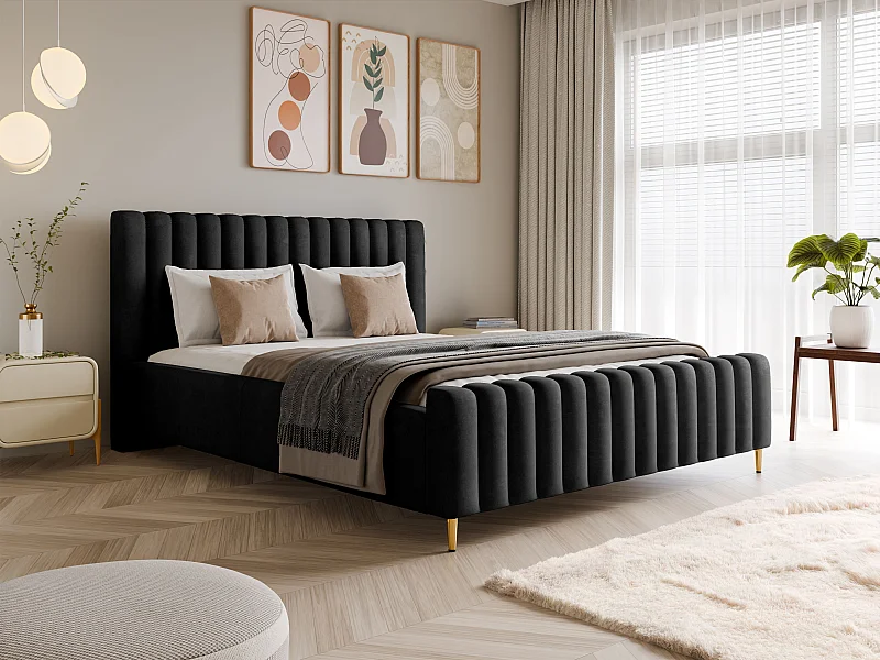 Luxe gestoffeerd bed Lux Zwart 160x200 cm met opbergruimte, hoofdbord, lattenbodem, gouden poten