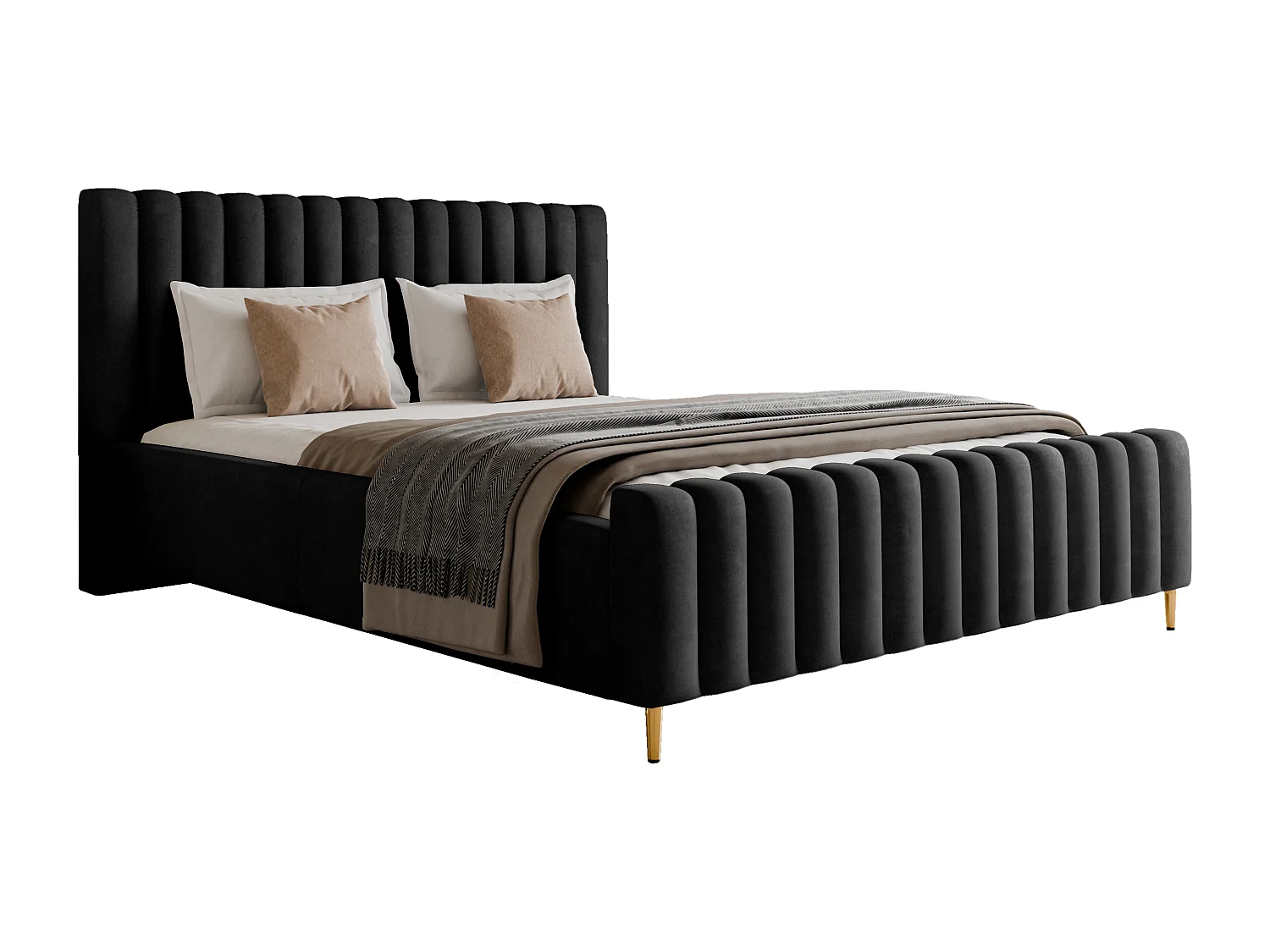 Lit rembourré Lux noir 160x200 cm, coffre, tête de lit, sommier, pieds dorés, tissu Amon