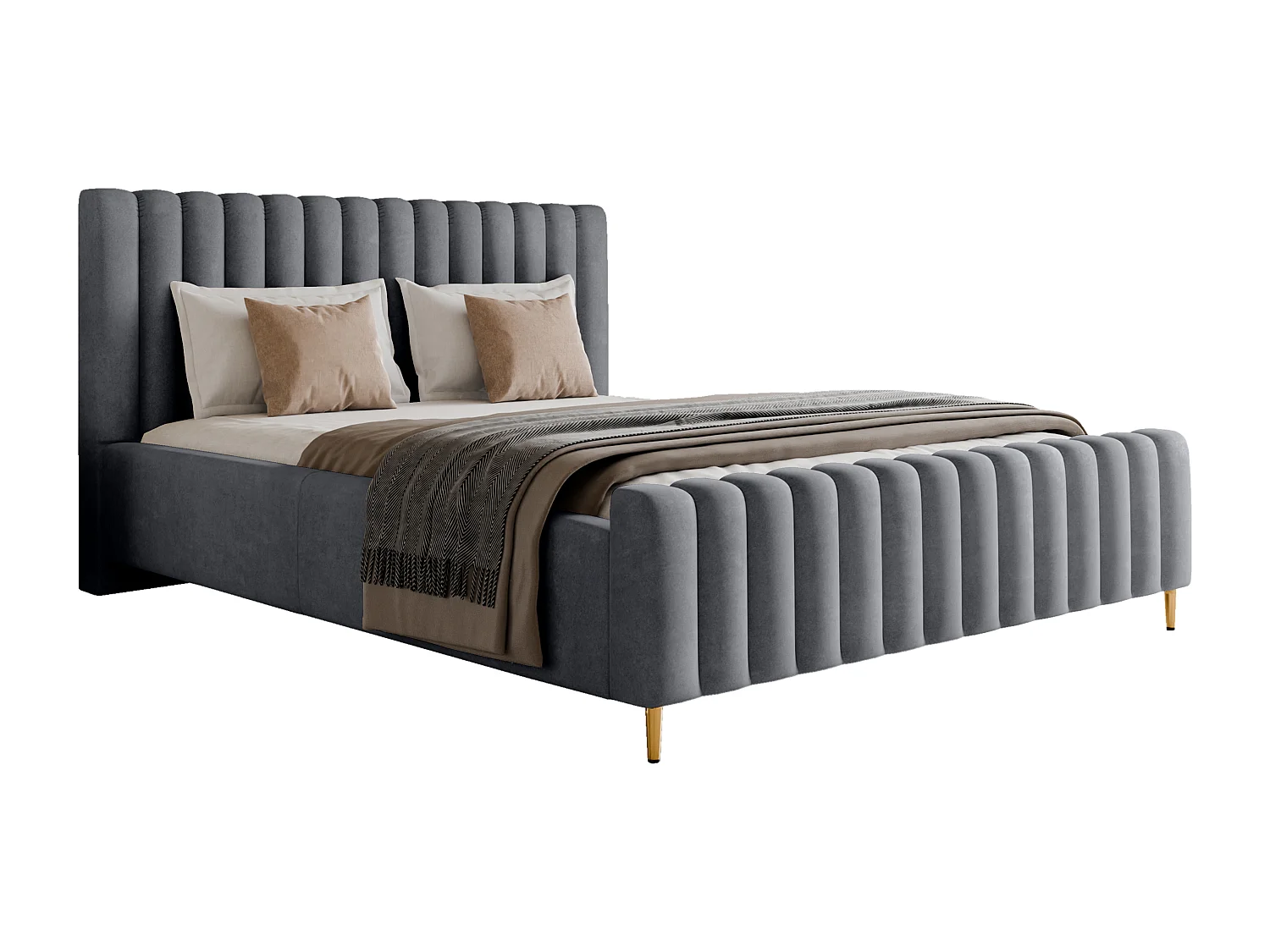 Lit rembourré Lux gris clair 160x200 cm, coffre, tête de lit, sommier, pieds dorés, tissu Amon