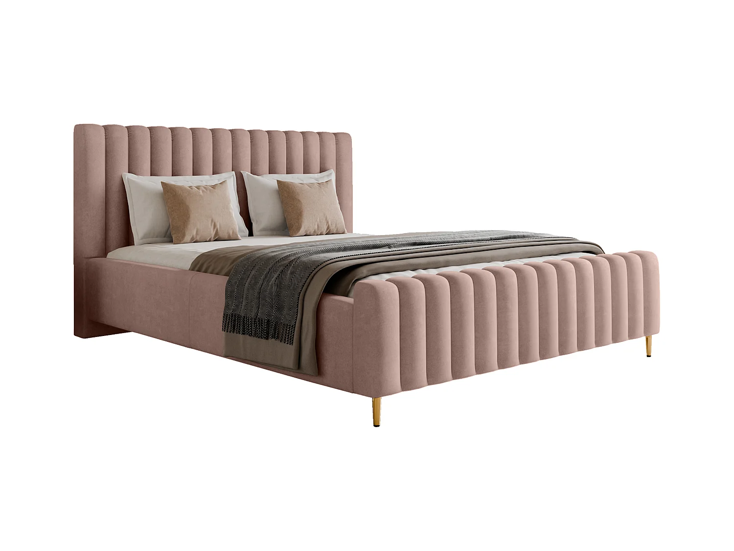 Lit rembourré Lux rose poudré 180x200 cm, coffre, tête de lit, sommier, pieds dorés, tissu Amon