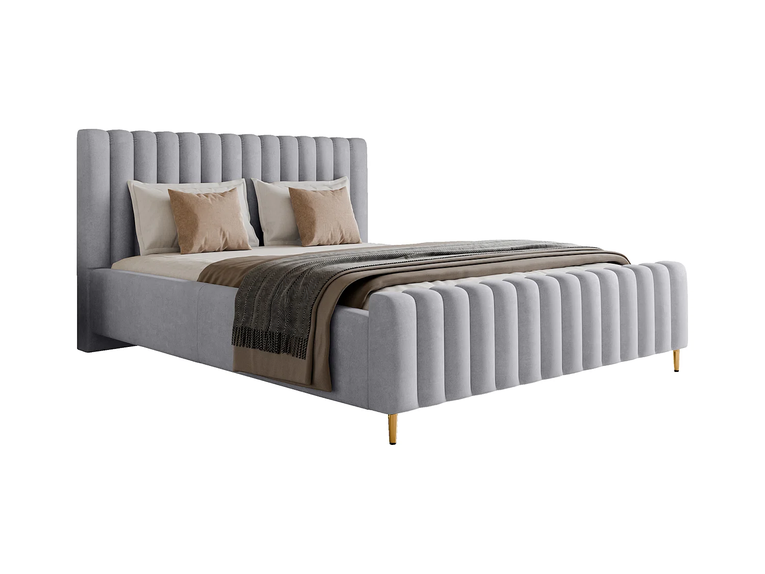 Lit rembourré Lux argenté 140x200 cm, coffre, tête de lit, sommier, pieds dorés, tissu Amon