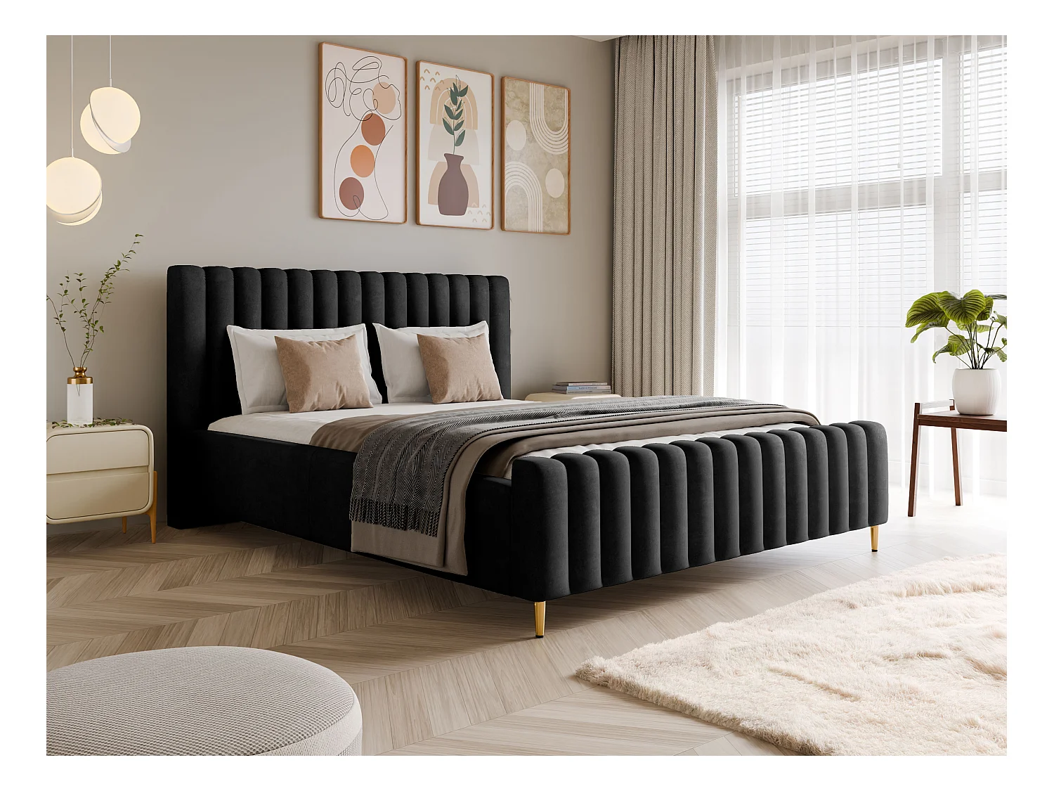 Lit rembourré Lux noir 120x200 cm, coffre, tête de lit, sommier, pieds dorés, tissu Amon