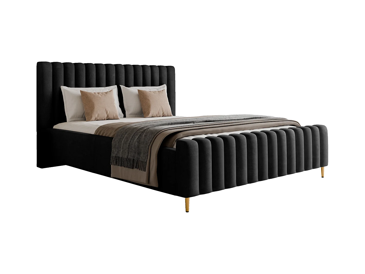 Lit rembourré Lux noir 120x200 cm, coffre, tête de lit, sommier, pieds dorés, tissu Amon