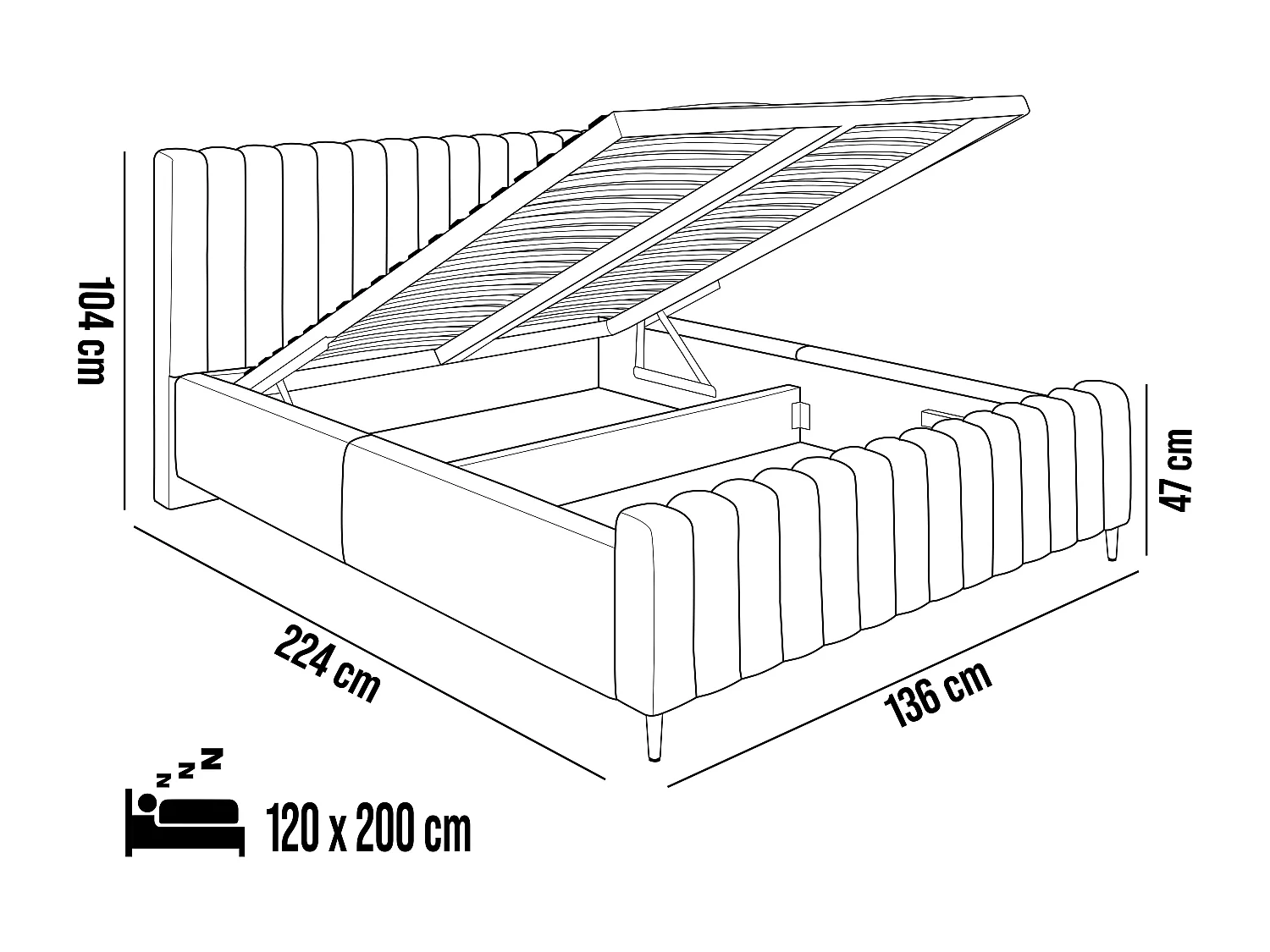 Polsterbett Lux Schwarz 120x200 cm mit Stauraum, Kopfteil, Lattenrost & goldenen Füßen, Stoff Amon