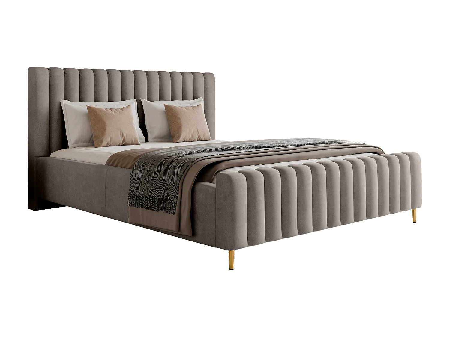 Lit rembourré Lux gris 140x200 cm, coffre, tête de lit, sommier, pieds dorés, tissu Amon