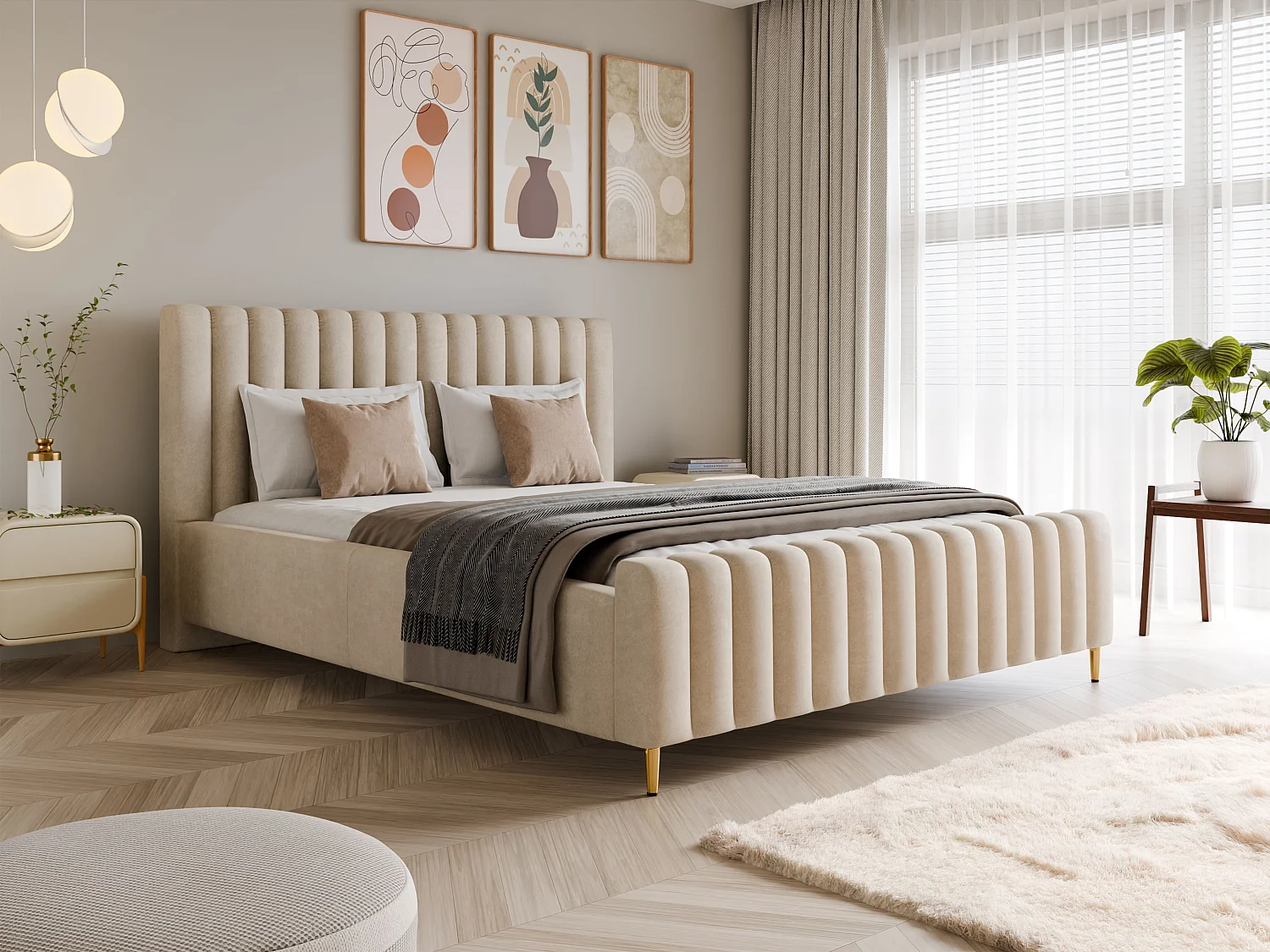 Lit rembourré Lux beige 120x200 cm, coffre, tête de lit, sommier, pieds dorés, tissu Amon