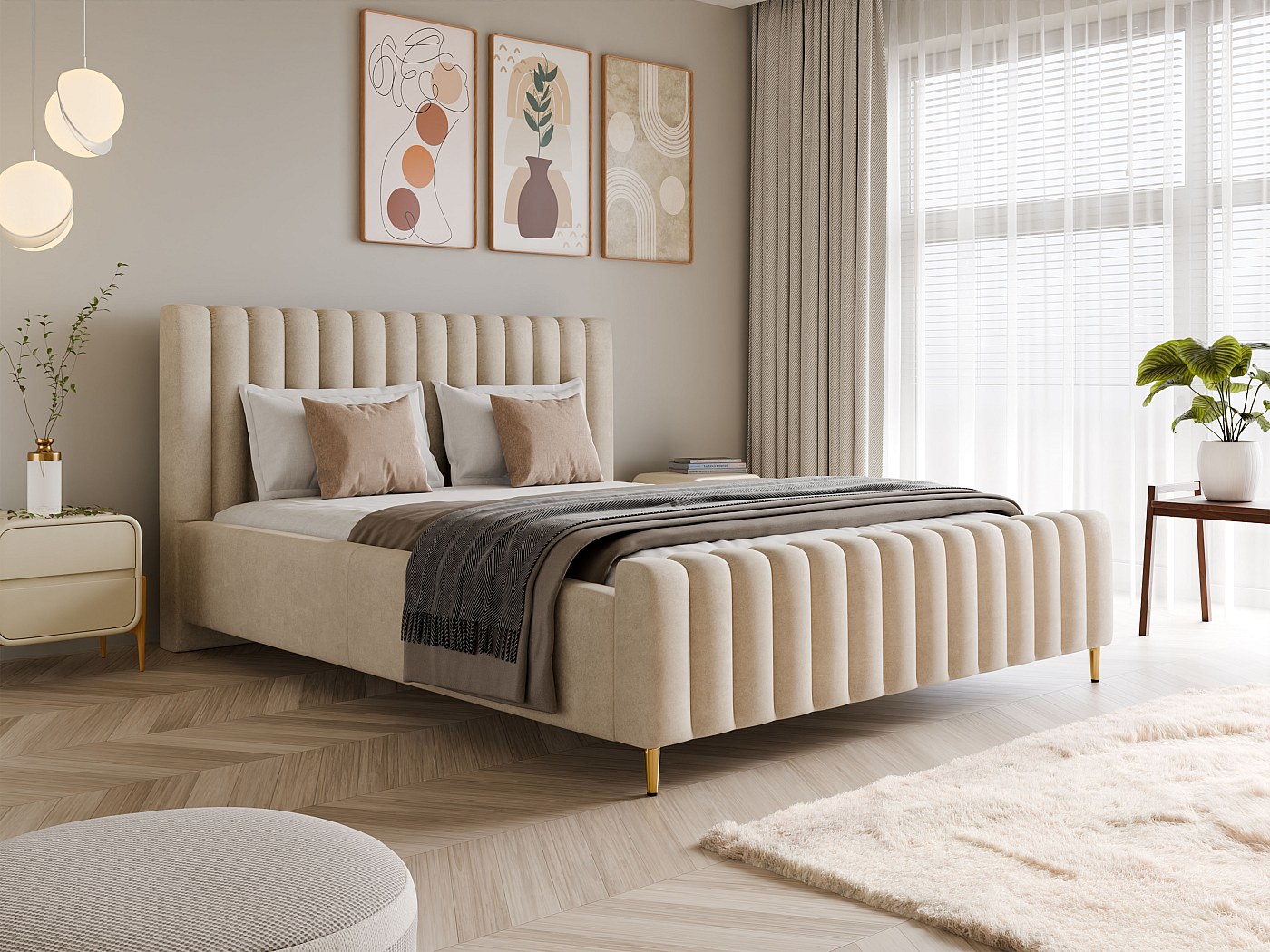 Tweepersoonsbed bekleed met fluweel 140x190cm met lattenbodem - Beige
