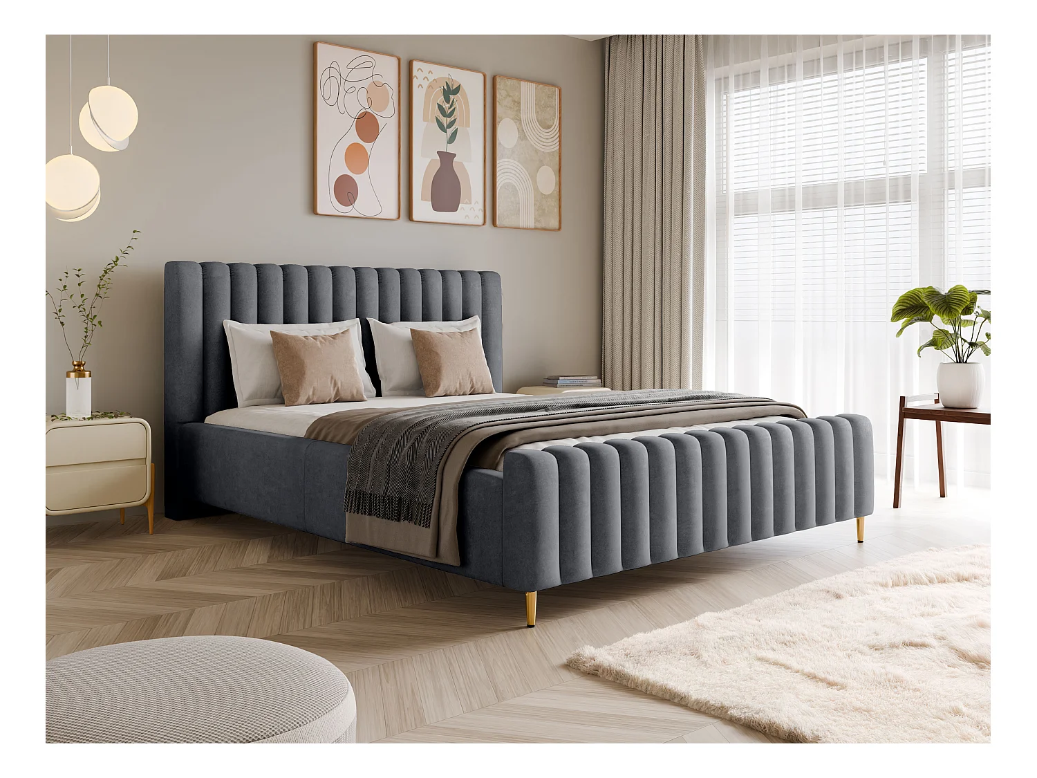 Lit rembourré Lux gris clair 180x200 cm, coffre, tête de lit, sommier, pieds dorés, tissu Amon