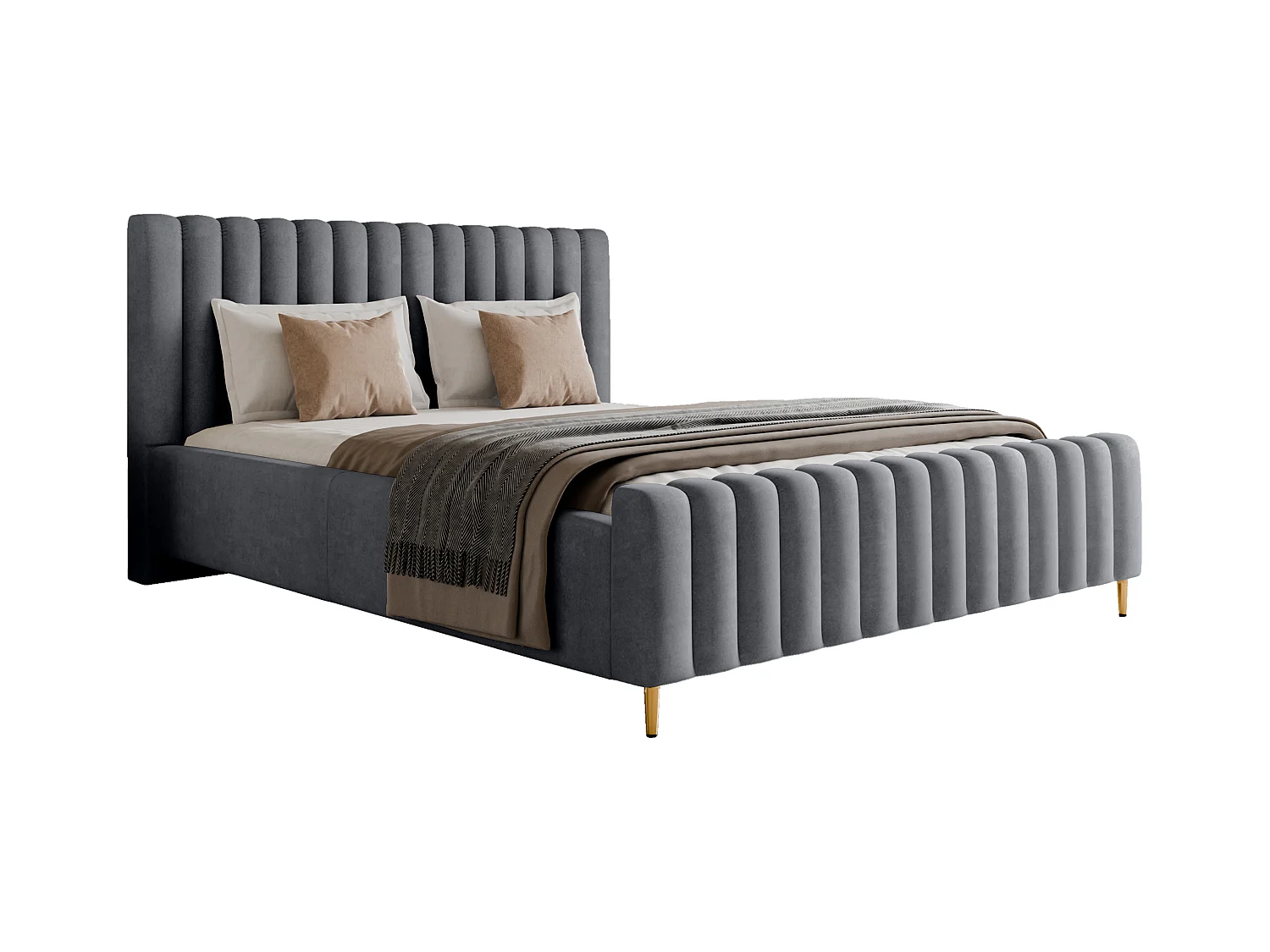 Lit rembourré Lux gris clair 180x200 cm, coffre, tête de lit, sommier, pieds dorés, tissu Amon