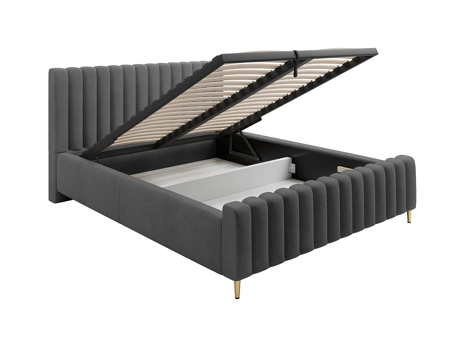 Lit rembourré Lux gris clair 180x200 cm, coffre, tête de lit, sommier, pieds dorés, tissu Amon