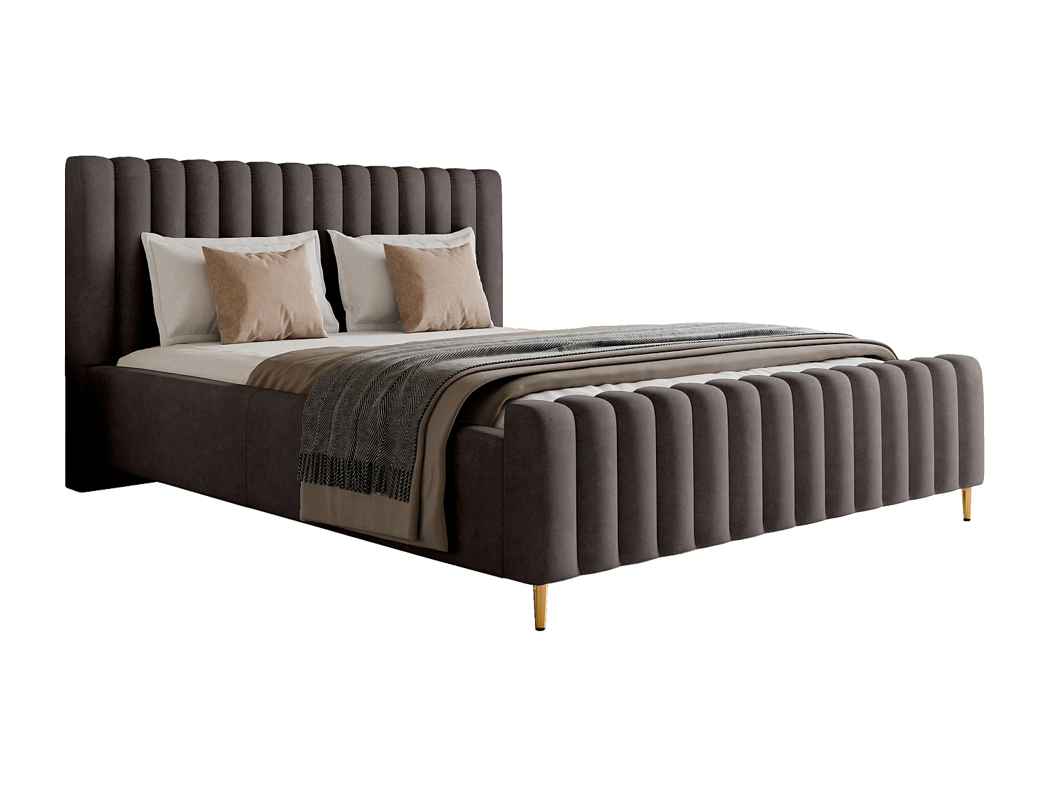 Lit rembourré Lux anthracite 120x200 cm, coffre, tête de lit, sommier, pieds dorés, tissu Amon