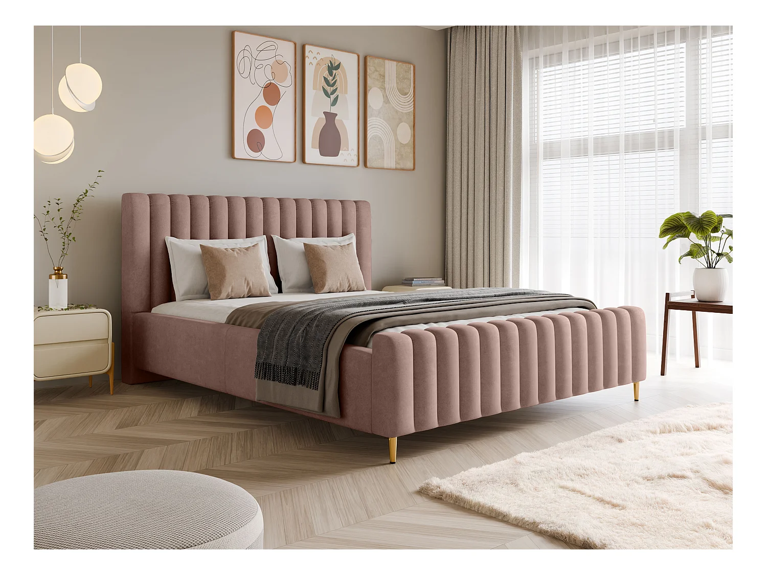 Lit rembourré Lux rose poudré 160x200 cm, coffre, tête de lit, sommier, pieds dorés, tissu Amon