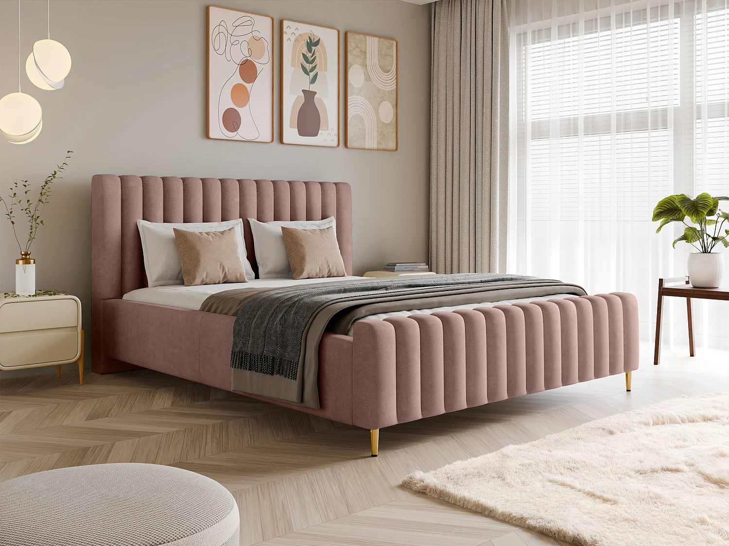 Lit rembourré Lux rose poudré 160x200 cm, coffre, tête de lit, sommier, pieds dorés, tissu Amon