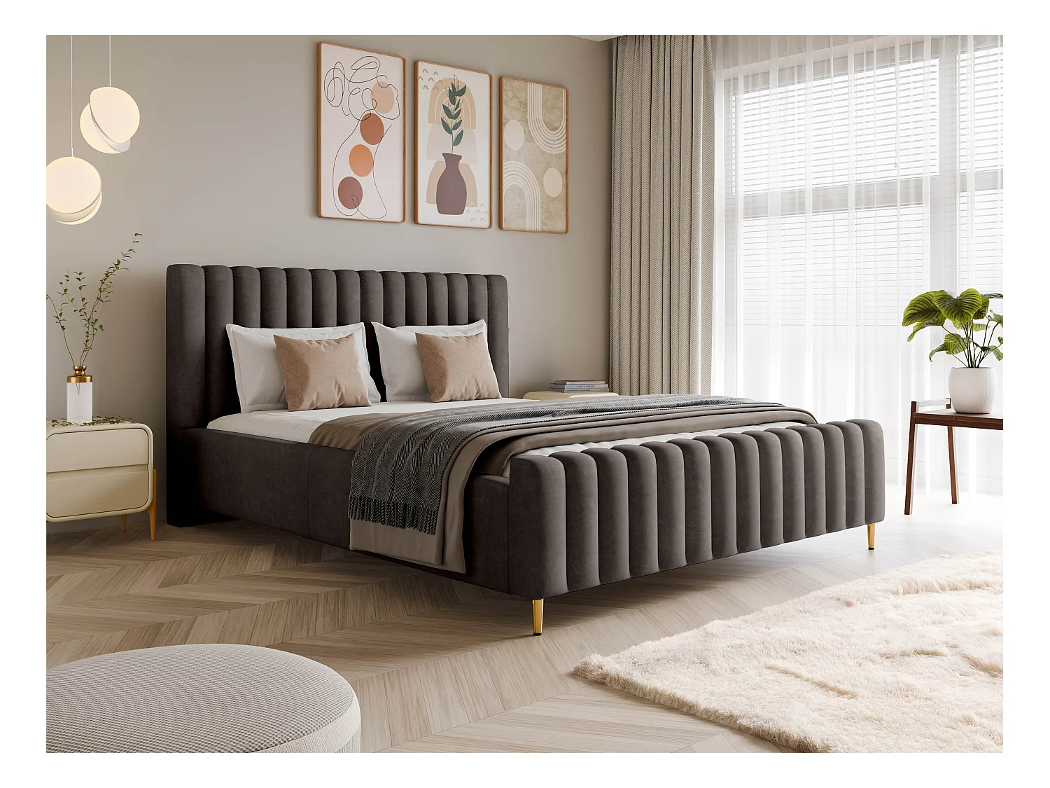 Lit rembourré Lux anthracite 160x200 cm, coffre, tête de lit, sommier, pieds dorés, tissu Amon