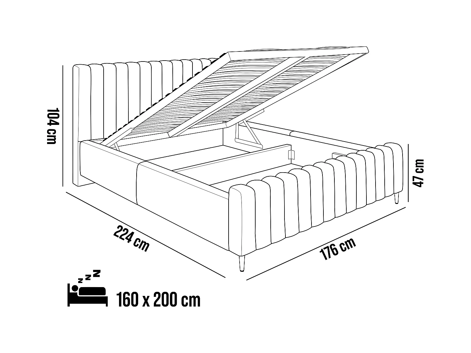 Lit rembourré Lux anthracite 160x200 cm, coffre, tête de lit, sommier, pieds dorés, tissu Amon