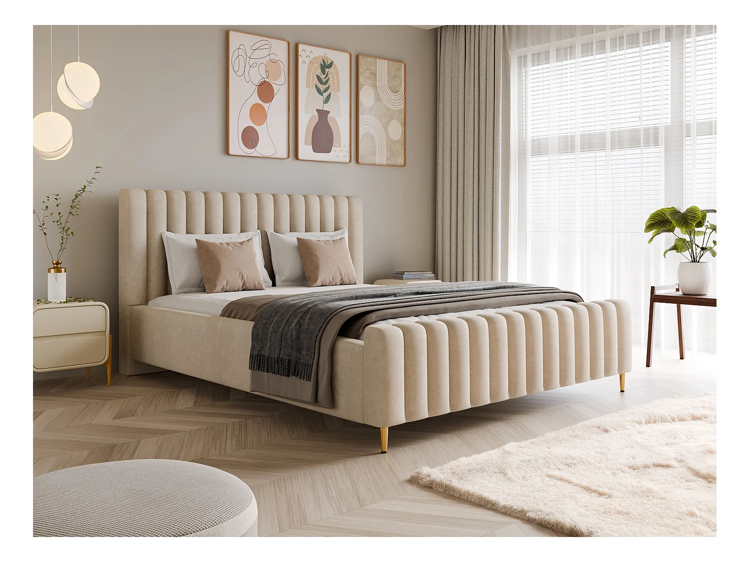 Lit rembourré Lux beige 140x200 cm, coffre, tête de lit, sommier, pieds dorés, tissu Amon