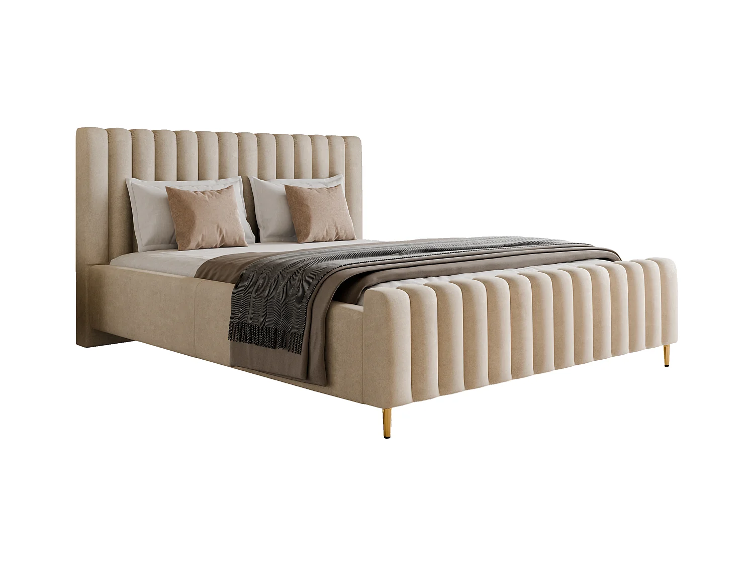 Lit rembourré Lux beige 140x200 cm, coffre, tête de lit, sommier, pieds dorés, tissu Amon