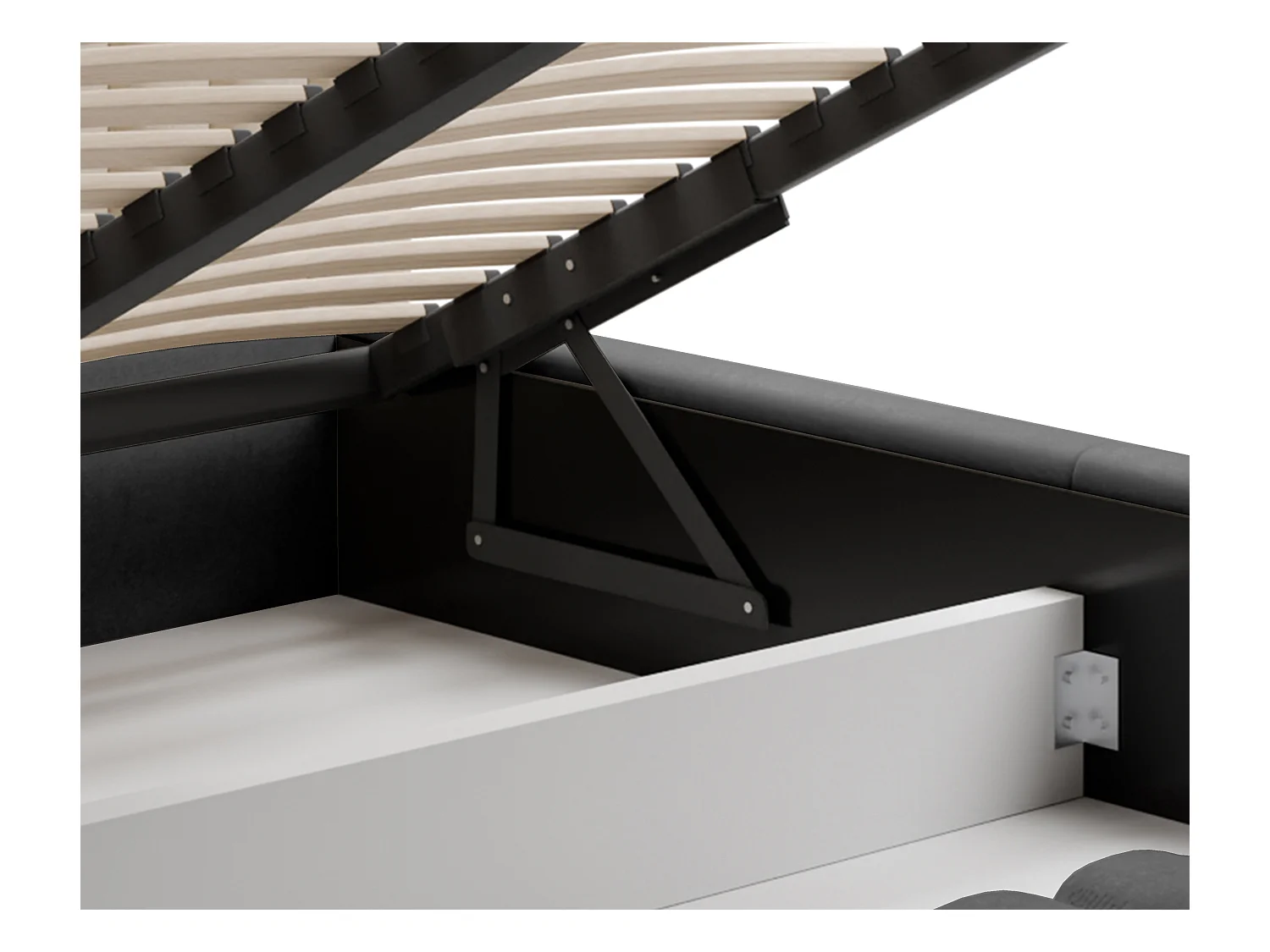 Lit rembourré Lux noir 180x200 cm, coffre, tête de lit, sommier, pieds dorés, tissu Amon