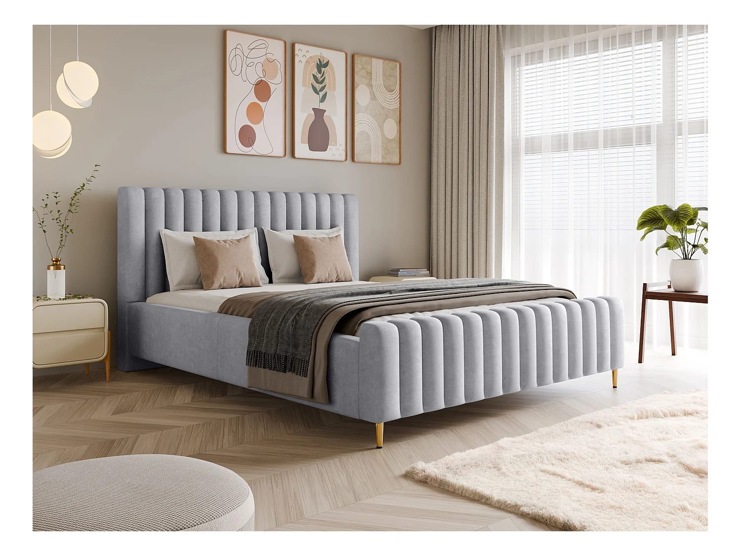 Lit rembourré Lux argenté 180x200 cm, coffre, tête de lit, sommier, pieds dorés, tissu Amon