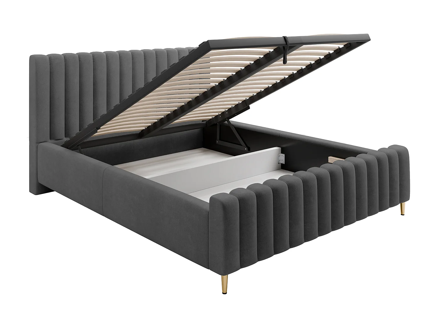 Lit rembourré Lux argenté 180x200 cm, coffre, tête de lit, sommier, pieds dorés, tissu Amon