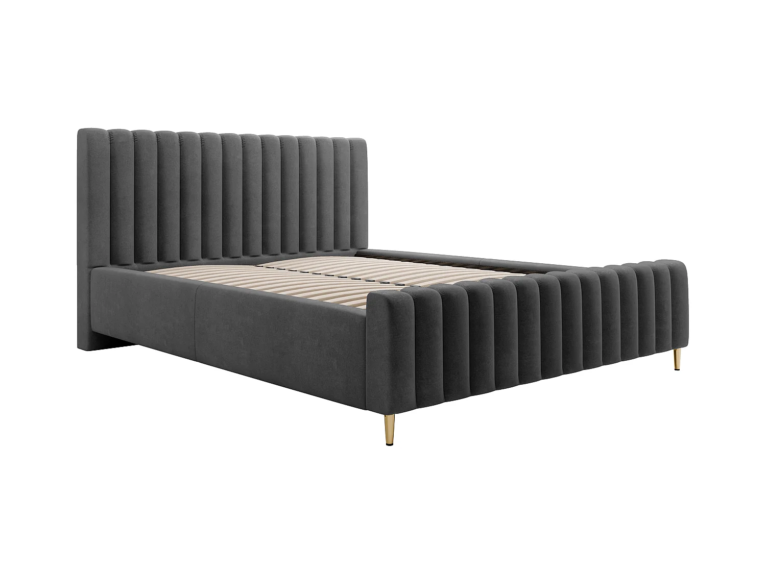 Lit rembourré Lux beige 160x200 cm, coffre, tête de lit, sommier, pieds dorés, tissu Amon