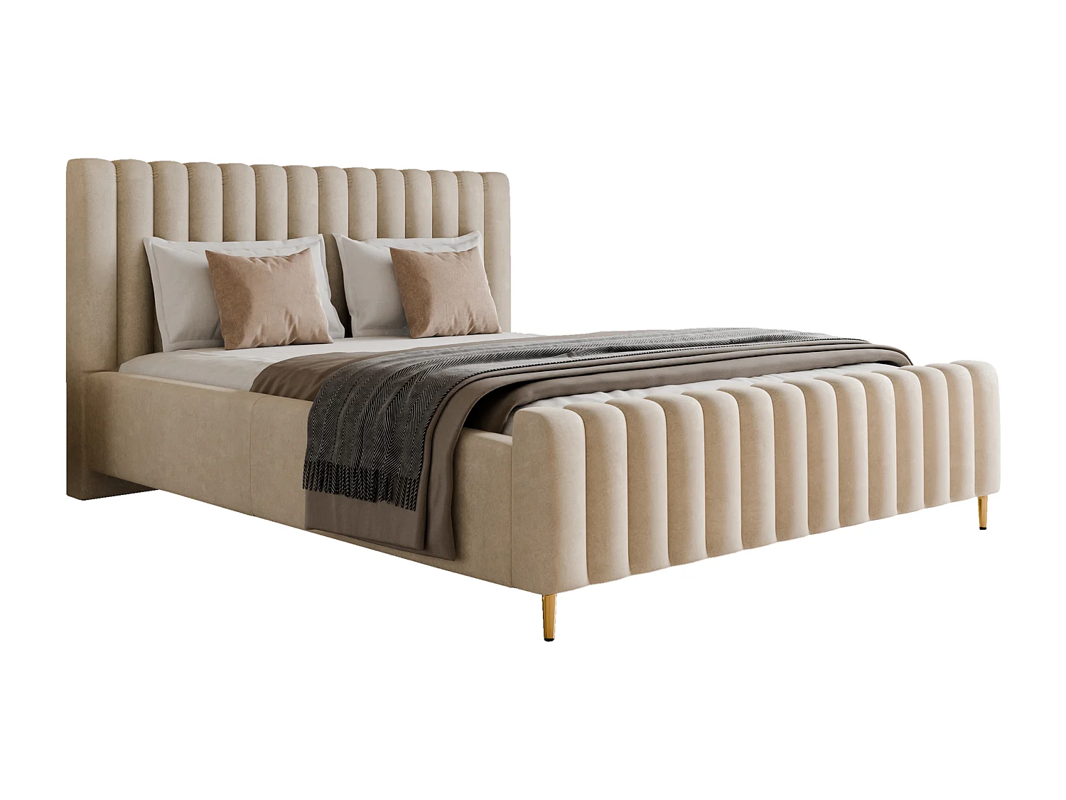 Luxe gestoffeerd bed Lux Beige 160x200 cm met opbergruimte, hoofdbord, lattenbodem, gouden poten