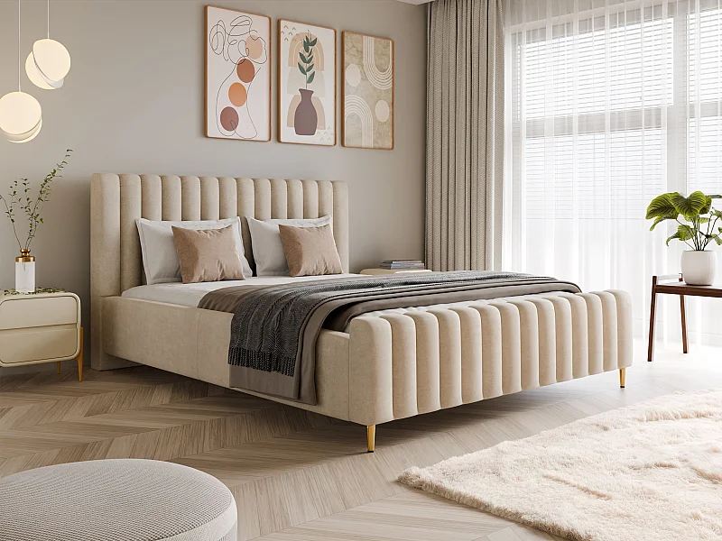 Lit rembourré Lux beige 160x200 cm, coffre, tête de lit, sommier, pieds dorés, tissu Amon