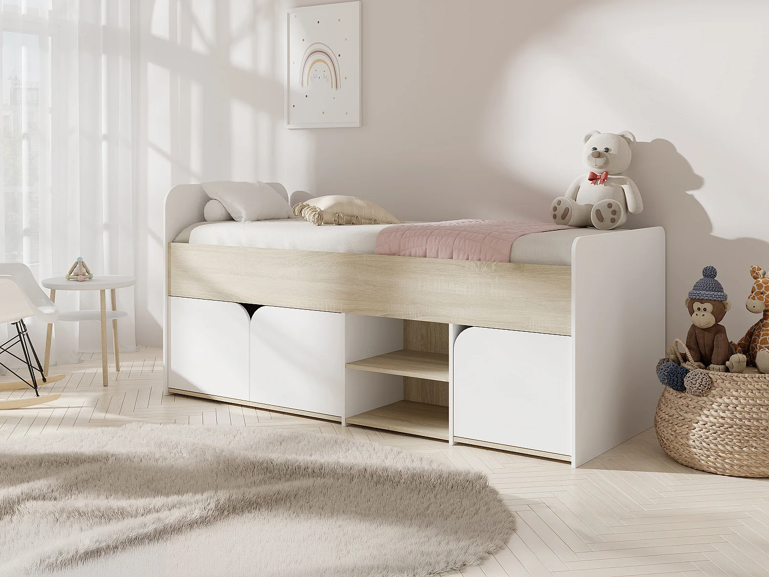 Lit 90 x 190 cm avec rangements - Coloris : Naturel et blanc + Sommier - LOSTYA