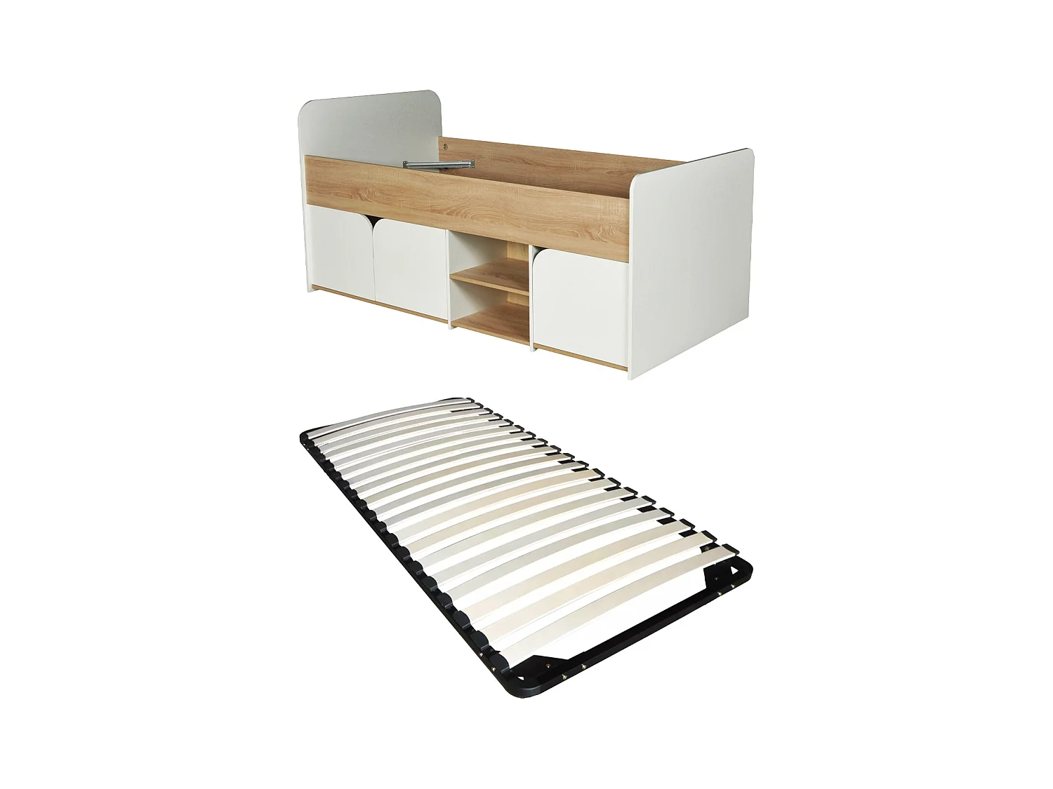 Łóżko 90 x 190 cm z ze skrzynią  - Kolor: Naturalny i biały + Stelaż - LOSTYA