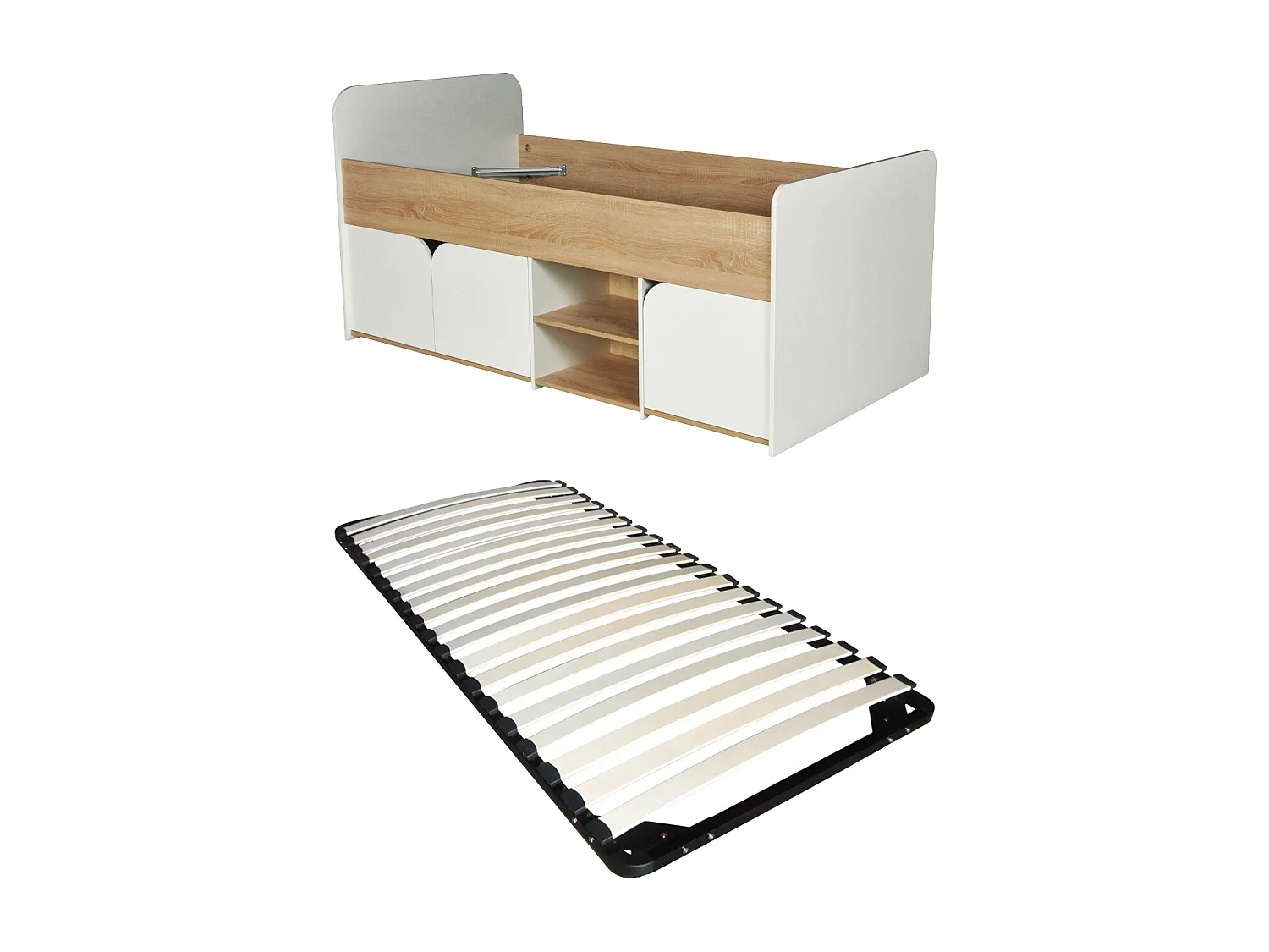 Cama 90 x 190 cm con almacenamiento - Colores: Natural y blanco + Somier - LOSTYA