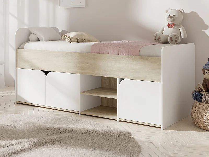 Seng 90 x 190 cm med oppbevaring - Farge: Naturell og hvit + madrass - LOSTYA